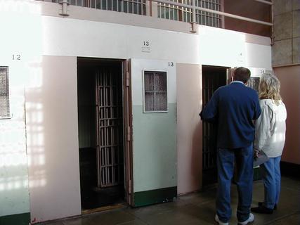 Solitary confinement cells in Alcatraz.  Prisoners were often kept in the dark in these cells<br>Location: <a href="https://www.google.com/maps/search/?api=1&query=37.8267,-122.42288" target="_new">Alcatraz Island</a>